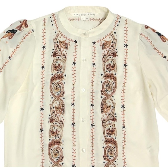 Veronica Beard Blouse Womens Size 2 Cream Embroidered Ornate Boho Style - Picture 3 of 8